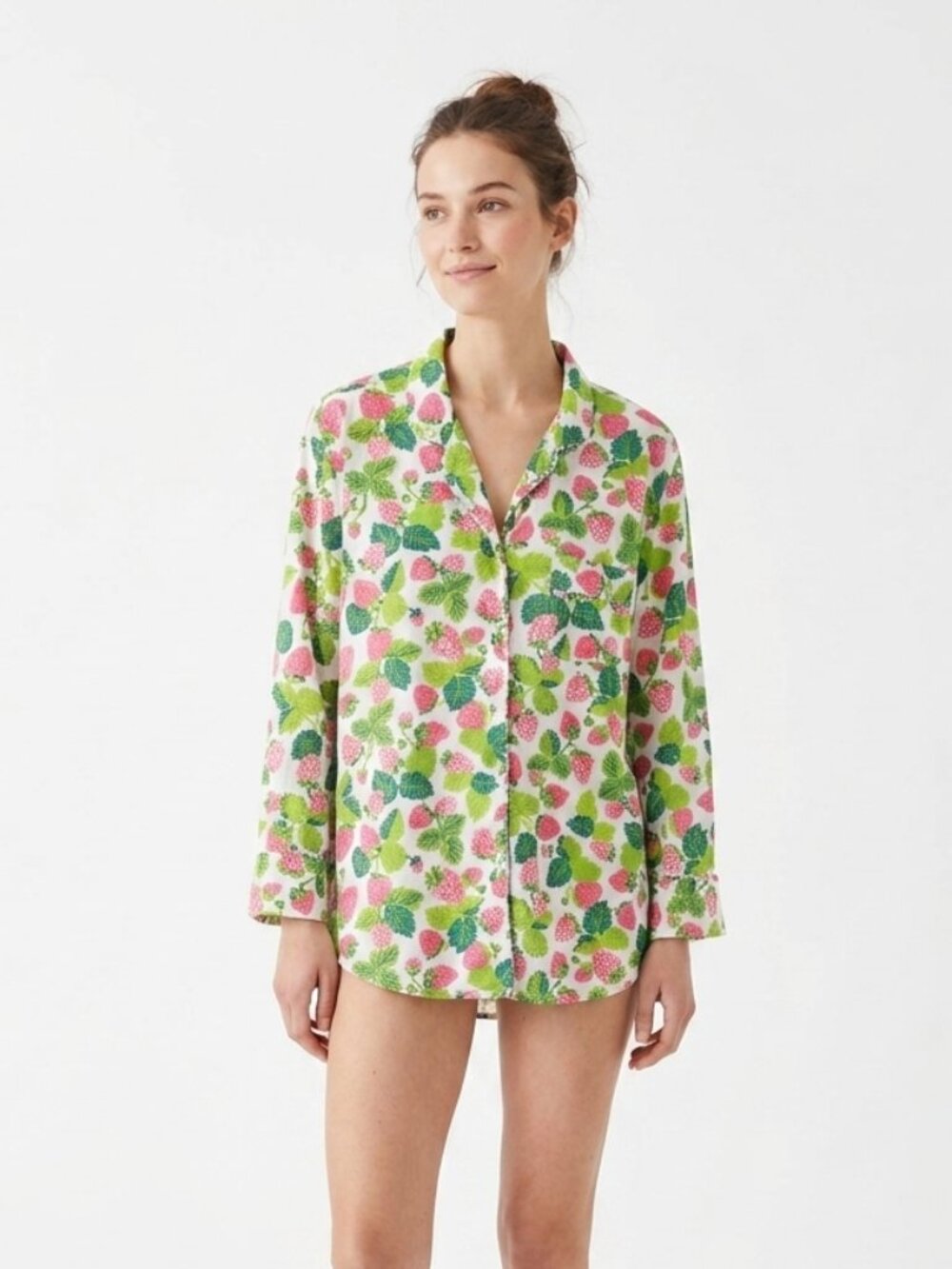 Print Fresh Strawberry Fields Pajama Shirt Organic Cotton Long Sleeve XL